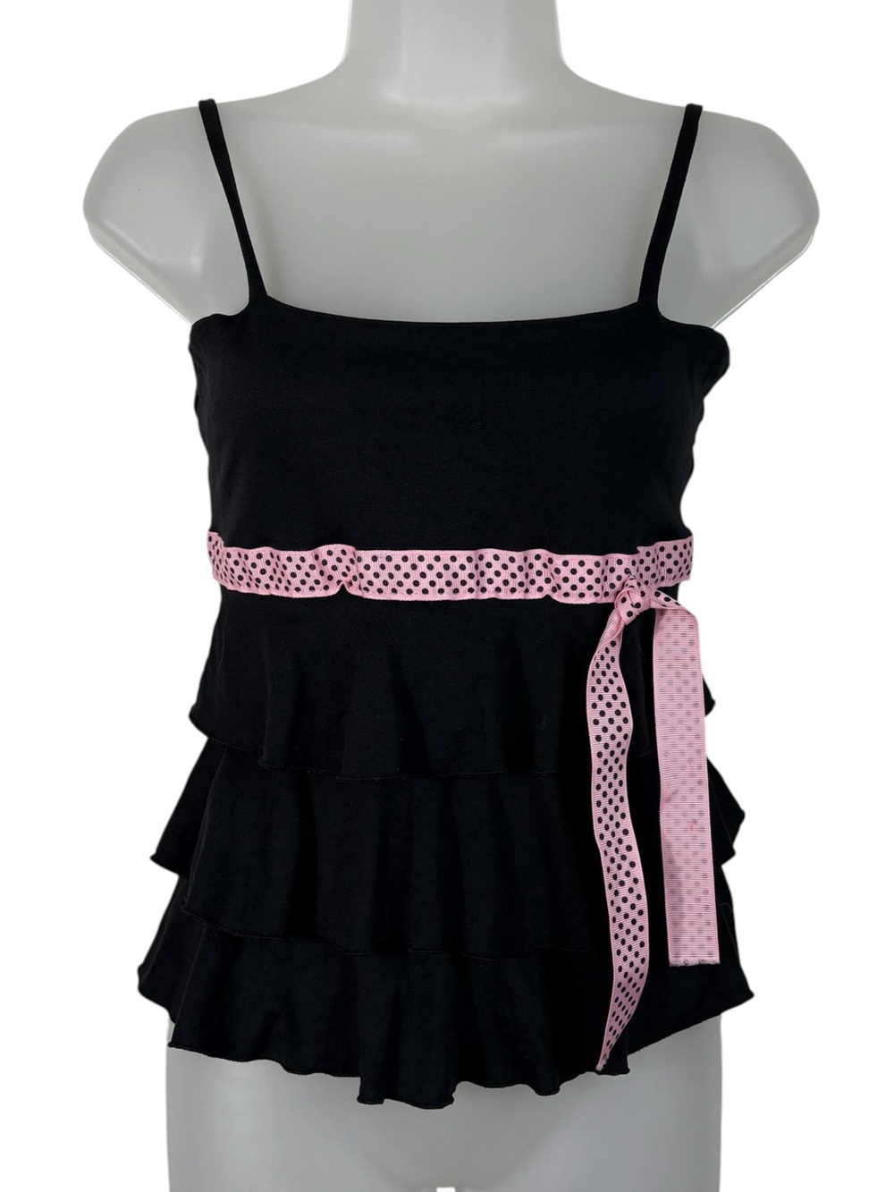 L8R Clothing Vintage Y2K USA Made Ruffle Tiered Babydoll Polka Dot Bow Tank Top